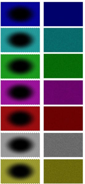 右列は対照画像(左列の画素を500万回スクランブルして得たもの)